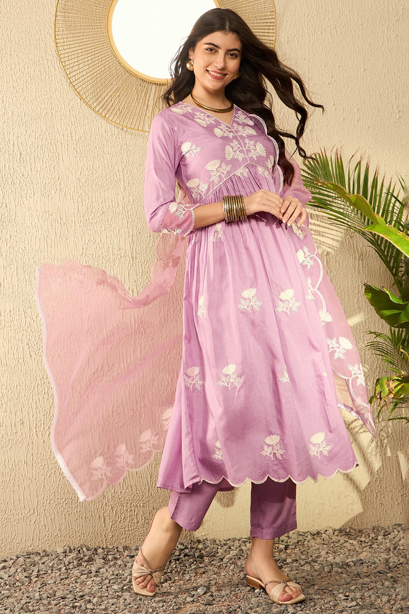 Lavender Silk Blend Solid Embroidered A-Line Trouser Suit Set PKSKD2594