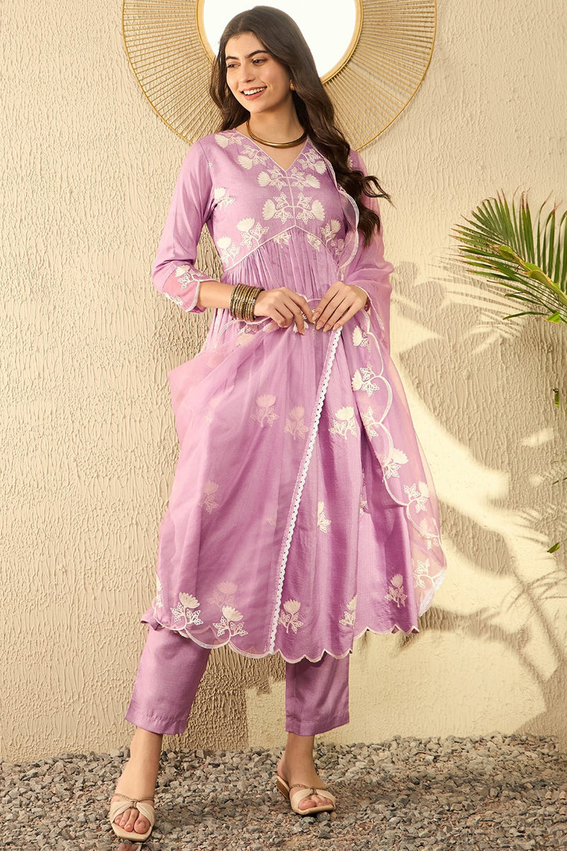 Lavender Silk Blend Solid Embroidered A-Line Trouser Suit Set PKSKD2594