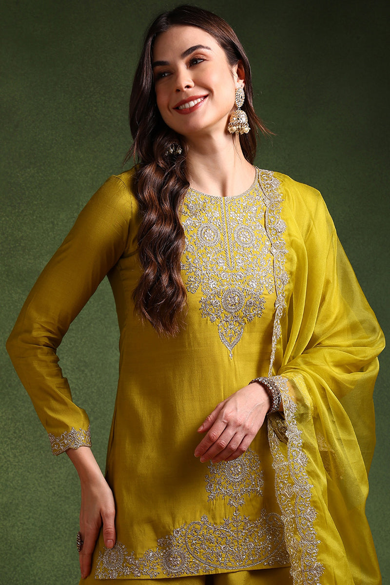 Lime Green Silk Blend Embroidered Straight Palazzo Suit Set PKSKD2609