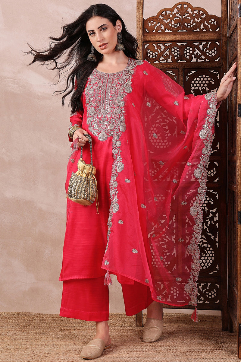 Pink Silk Blend Solid Embroidered Straight Palazzo Suit Set PKSKD2610