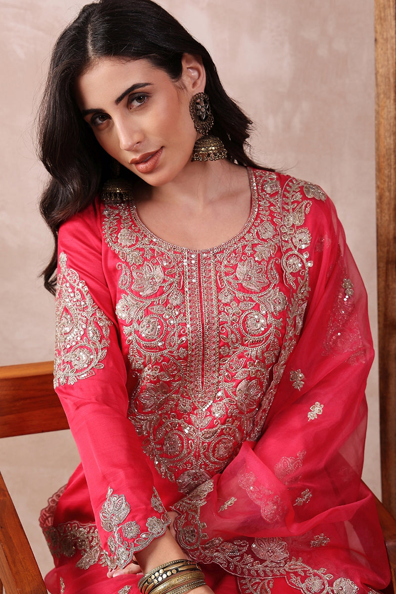 Pink Silk Blend Solid Embroidered Straight Palazzo Suit Set PKSKD2610