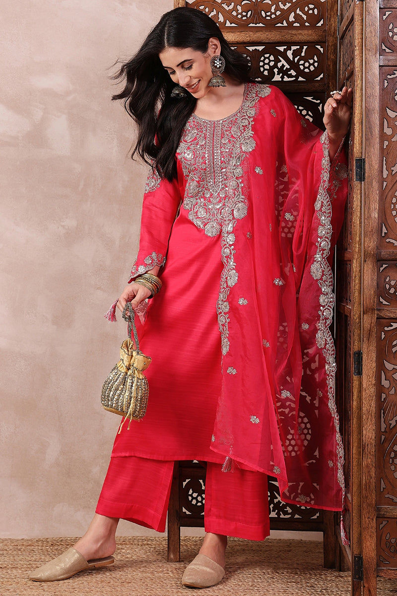 Pink Silk Blend Solid Embroidered Straight Palazzo Suit Set PKSKD2610