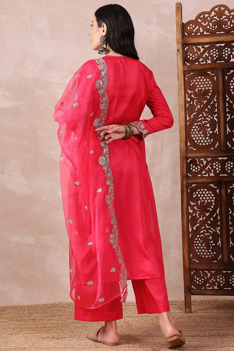 Pink Silk Blend Solid Embroidered Straight Palazzo Suit Set PKSKD2610