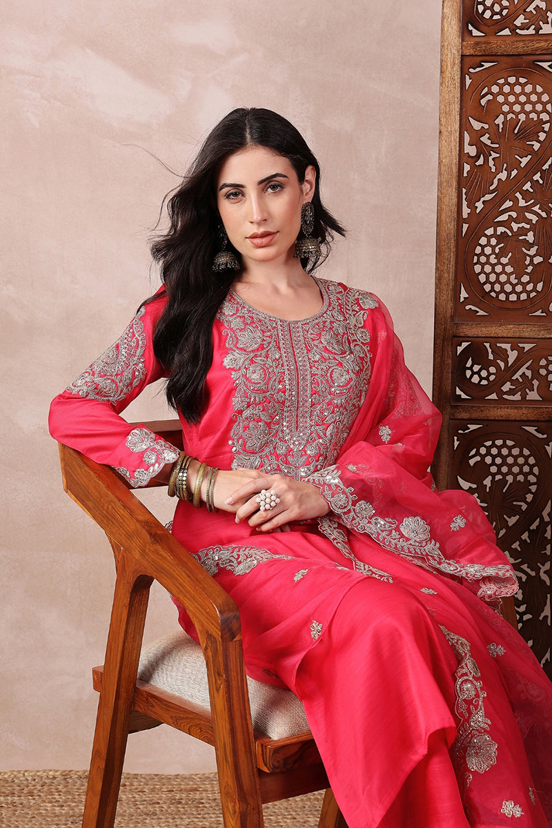 Pink Silk Blend Solid Embroidered Straight Palazzo Suit Set PKSKD2610