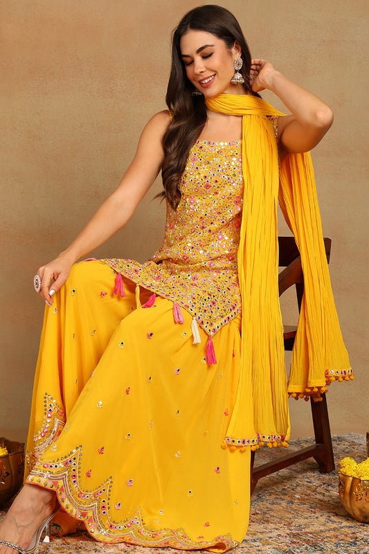 Yellow Georgette Solid Embroidered Straight Suit Set PKSKD2617