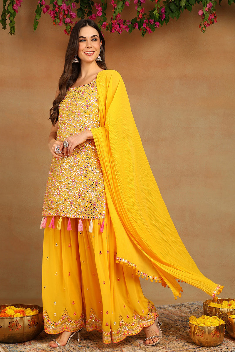 Yellow Georgette Solid Embroidered Straight Suit Set PKSKD2617