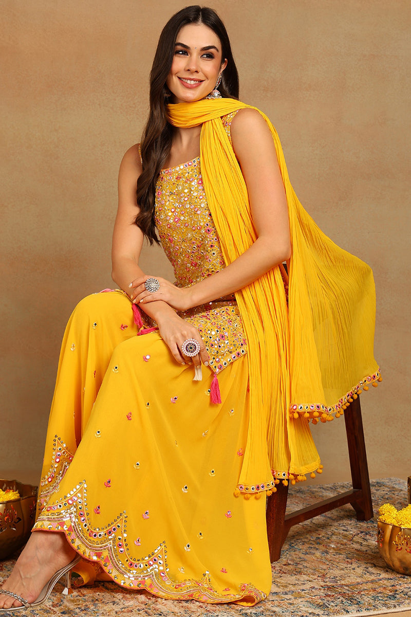 Yellow Georgette Solid Embroidered Straight Suit Set PKSKD2617