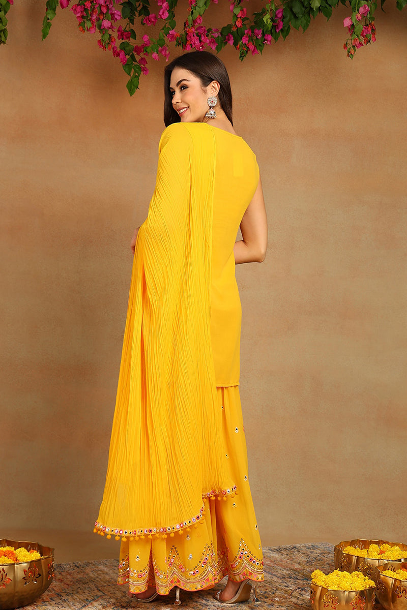 Yellow Georgette Solid Embroidered Straight Suit Set PKSKD2617