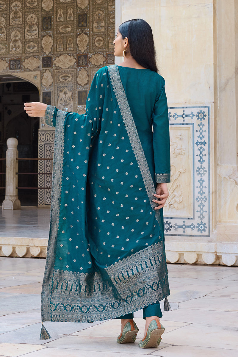 Teal Blue Poly Chanderi Solid Woven Design Straight Trouser Suit Set PKSKD2628