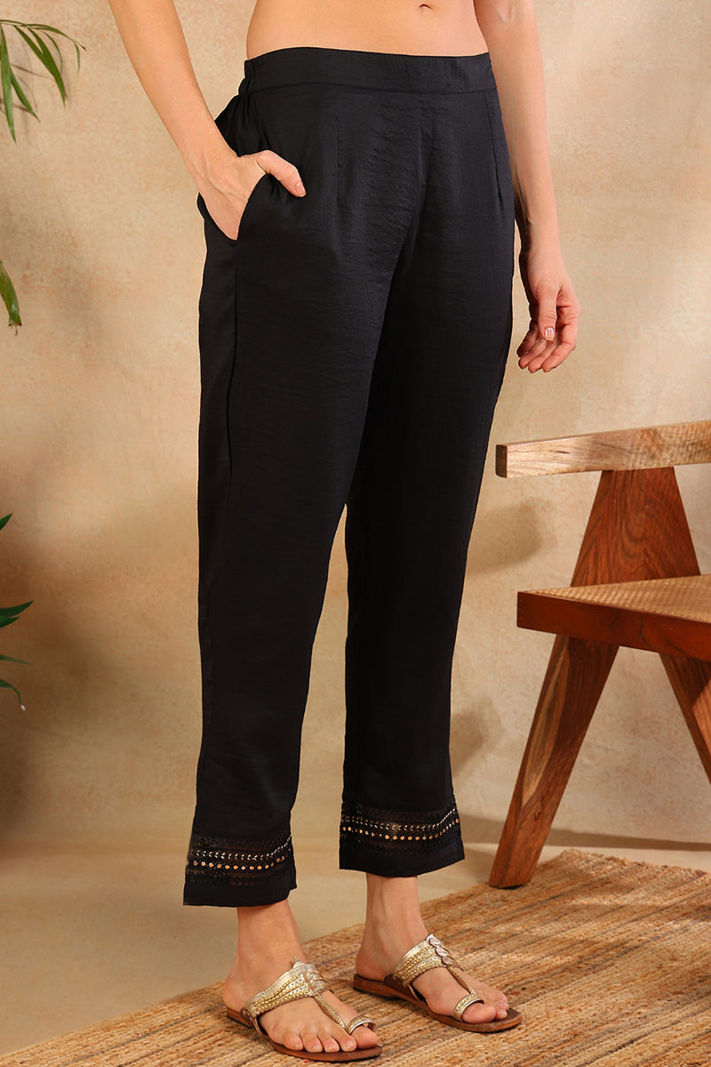 Black Silk Blend Solid Embroidered Straight Trouser Bottom Suit Set PKSKD2630