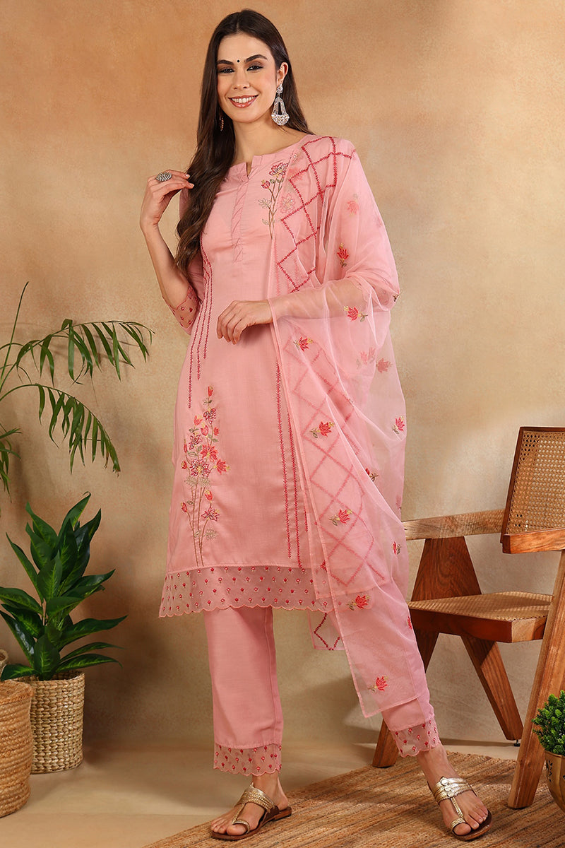 Pink Silk Blend Solid Embroidered Straight Trouser Suit Set PKSKD2631