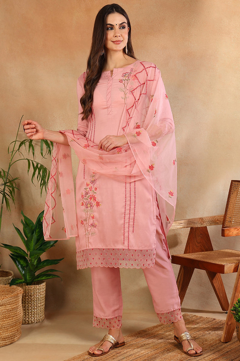 Pink Silk Blend Solid Embroidered Straight Trouser Suit Set PKSKD2631