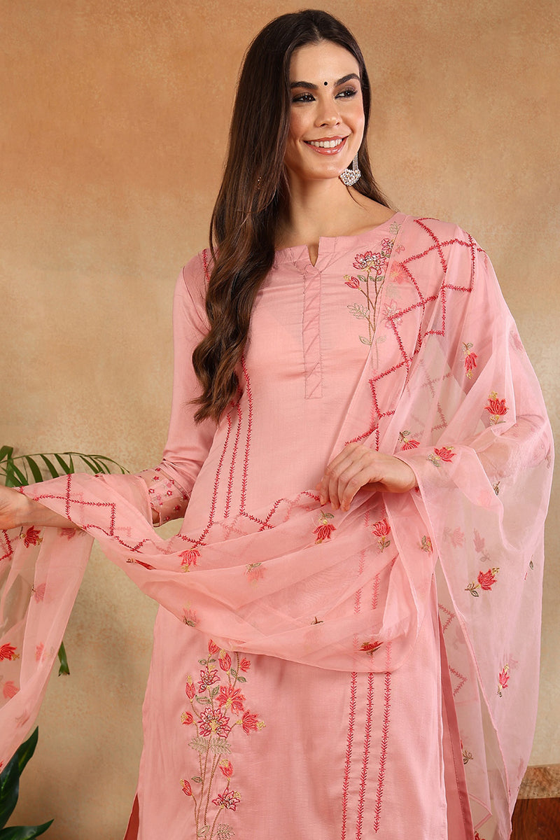 Pink Silk Blend Solid Embroidered Straight Trouser Suit Set PKSKD2631