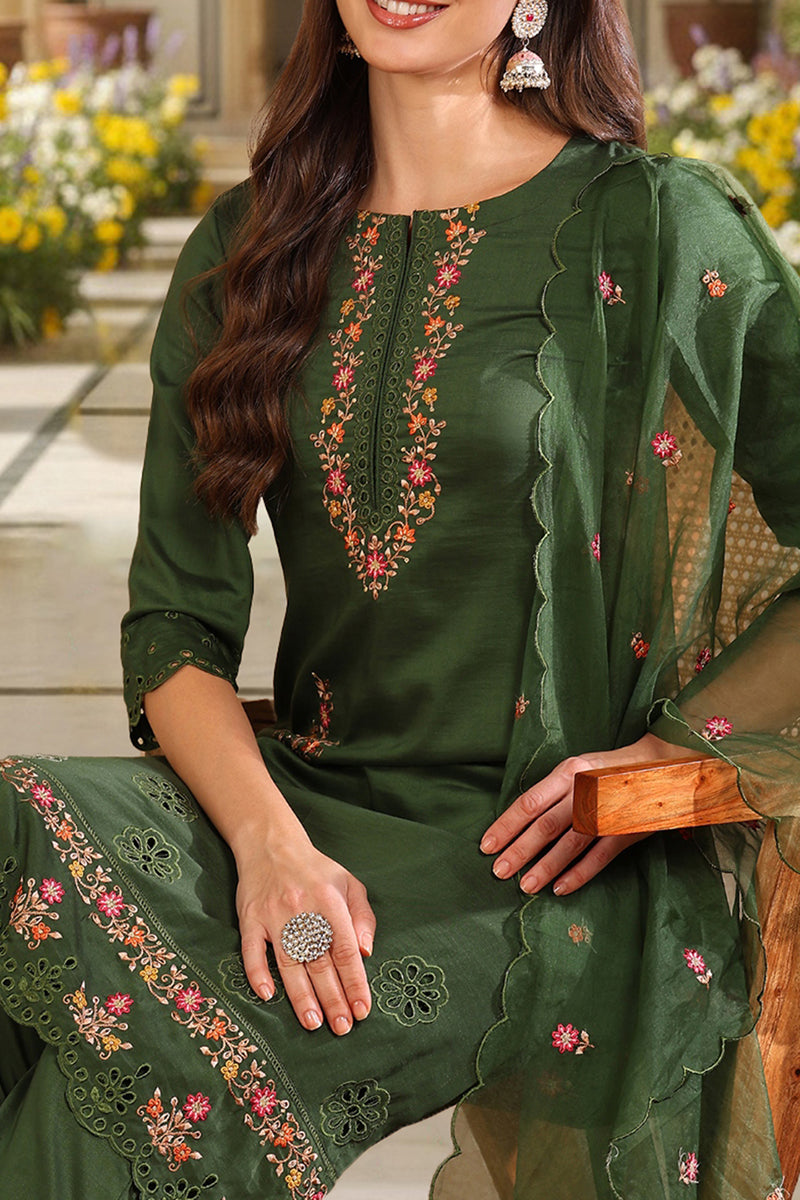 Green Silk Blend Solid Embroidered Straight Trouser Bottom Suit Set PKSKD2635