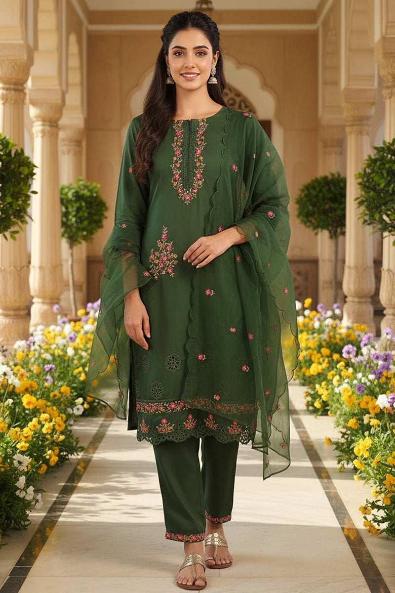Green Silk Blend Solid Embroidered Straight Trouser Bottom Suit Set PKSKD2635
