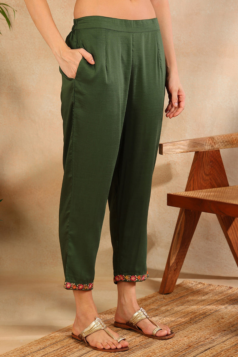 Green Silk Blend Solid Embroidered Straight Trouser Bottom Suit Set PKSKD2635