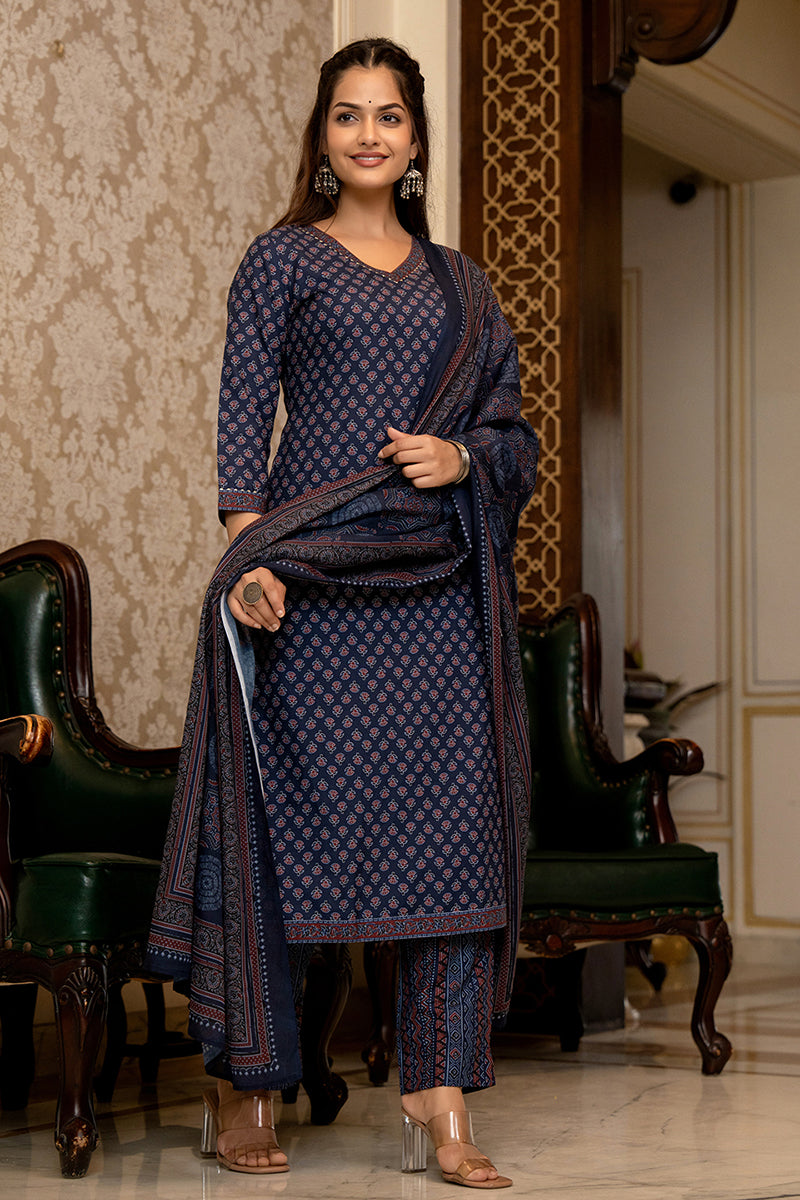 Navy Blue Poly Rayon Ajrakh Printed Straight Trouser Suit Set PKSKD2647