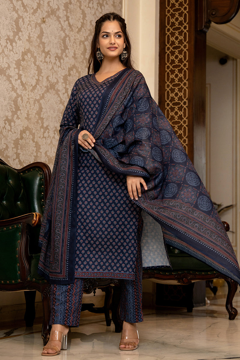 Navy Blue Rayon Blend Ajrakh Printed Straight Trouser Suit Set PKSKD2647