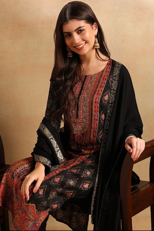 Black Chanderi Ethnic Motifs Woven Design Straight Trouser Suit Set PKSKD2657