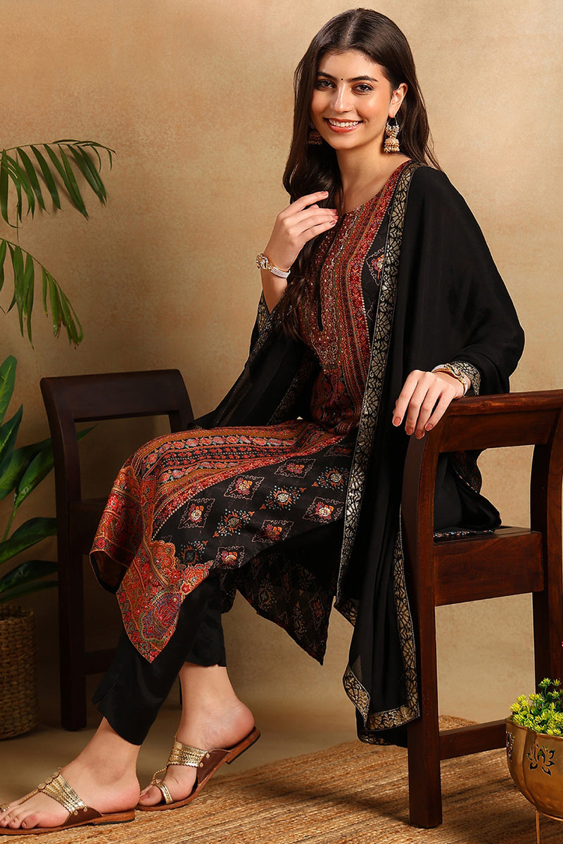 Black Chanderi Ethnic Motifs Woven Design Straight Trouser Suit Set PKSKD2657