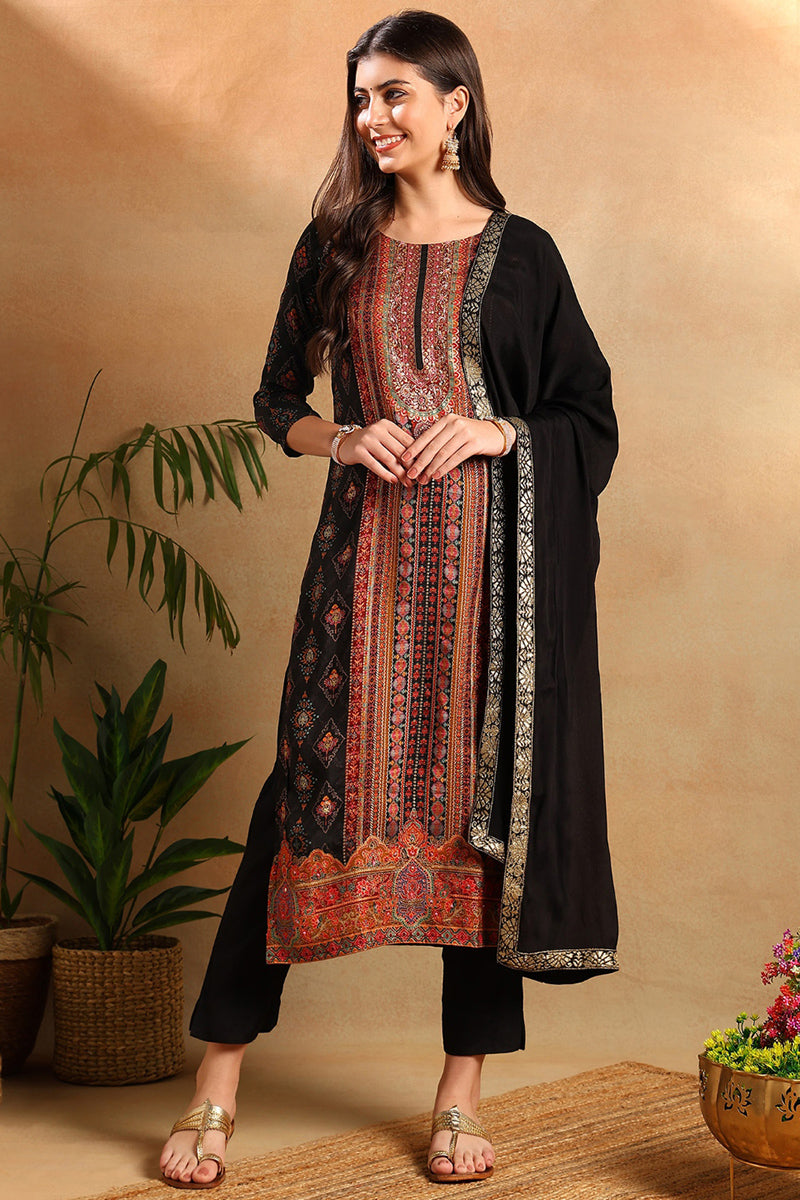 Black Chanderi Ethnic Motifs Woven Design Straight Trouser Suit Set PKSKD2657