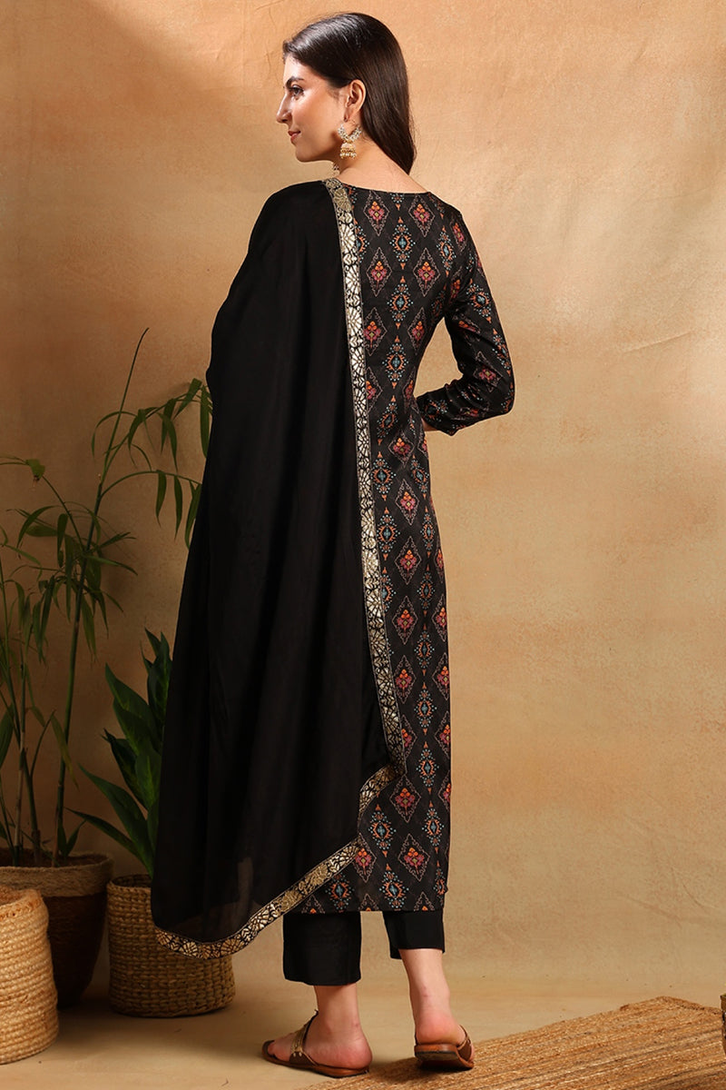 Black Chanderi Ethnic Motifs Woven Design Straight Trouser Suit Set PKSKD2657