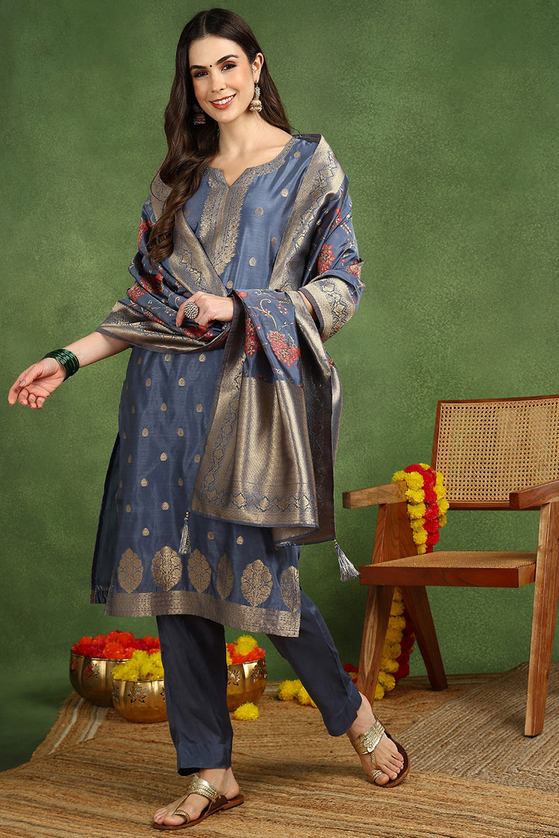 Blue Chanderi Solid Woven Design Jacquard Straight Suit Set With Trouser Bottom PKSKD2677