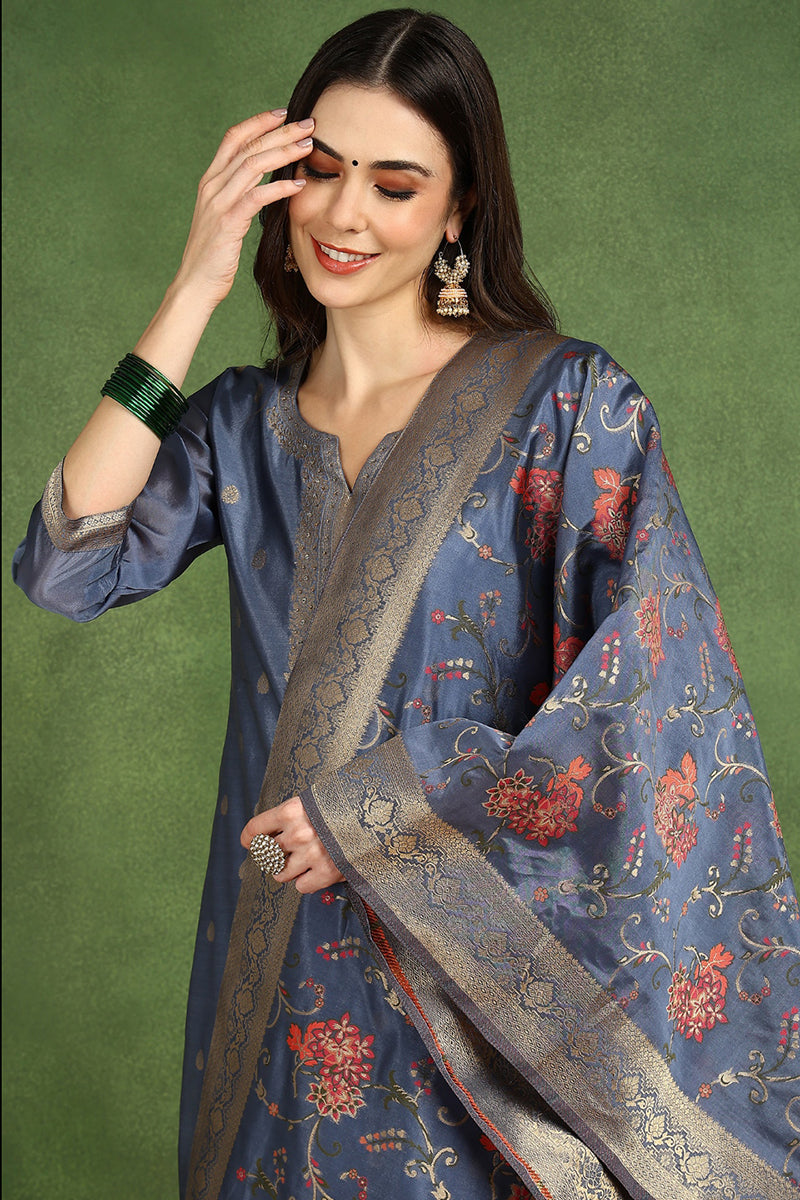 Blue Chanderi Solid Woven Design Jacquard Straight Suit Set With Trouser Bottom PKSKD2677