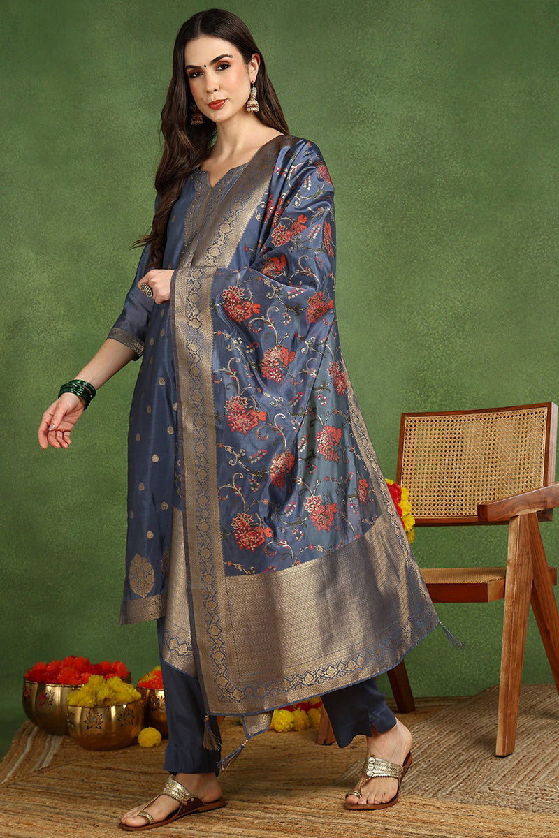 Blue Chanderi Solid Woven Design Jacquard Straight Suit Set With Trouser Bottom PKSKD2677