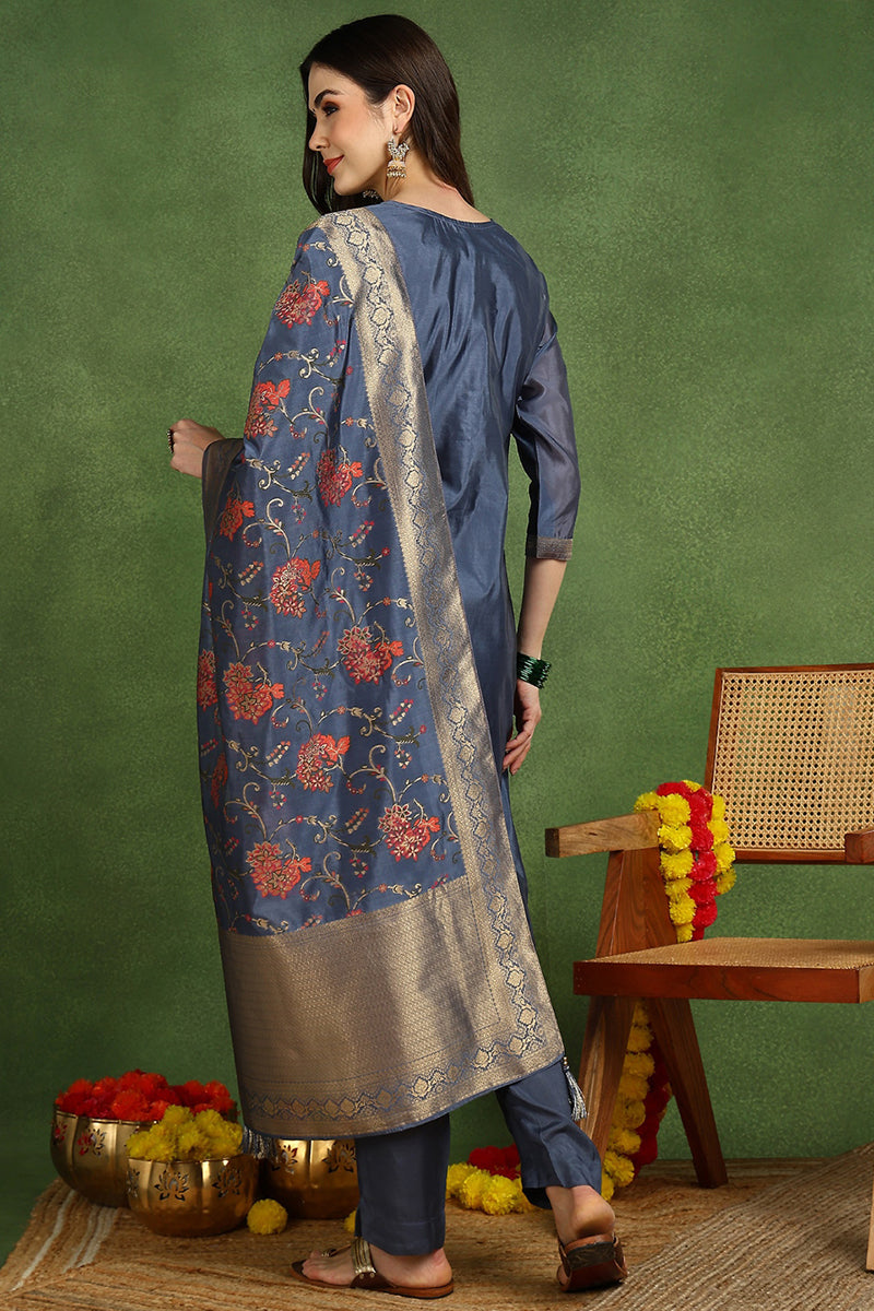 Blue Chanderi Solid Woven Design Jacquard Straight Suit Set With Trouser Bottom PKSKD2677