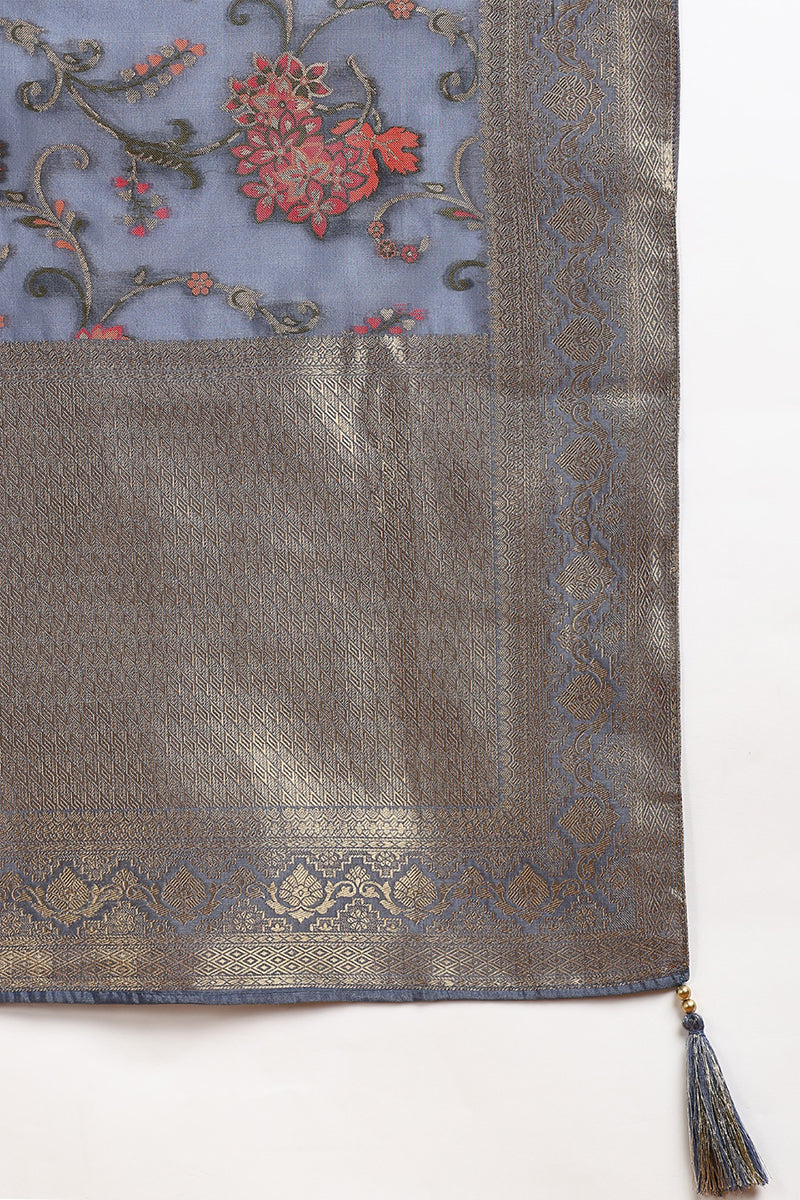 Blue Chanderi Solid Woven Design Jacquard Straight Suit Set With Trouser Bottom PKSKD2677