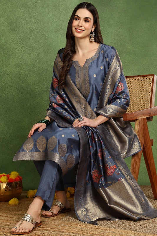 Blue Chanderi Solid Woven Design Jacquard Straight Suit Set With Trouser Bottom PKSKD2677