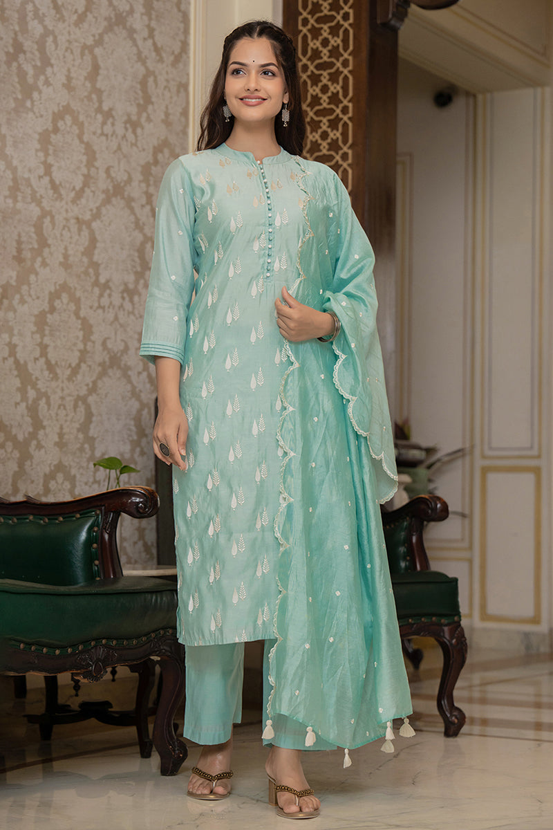 Sea Green Silk Blend Solid Embroidered Straight Suit Set With Trouser Bottom PKSKD2686