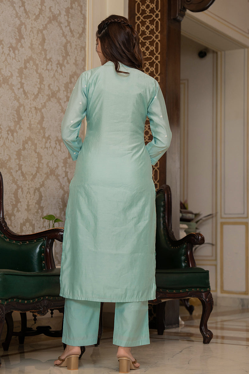 Sea Green Silk Blend Solid Embroidered Straight Suit Set With Trouser Bottom PKSKD2686