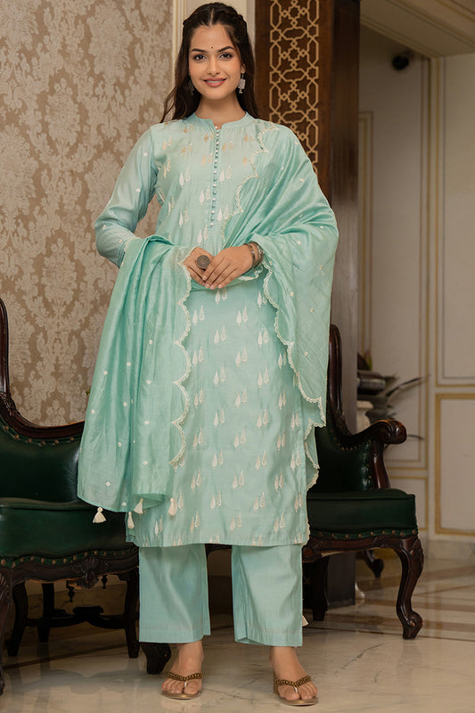 Sea Green Silk Blend Solid Embroidered Straight Suit Set With Trouser Bottom PKSKD2686