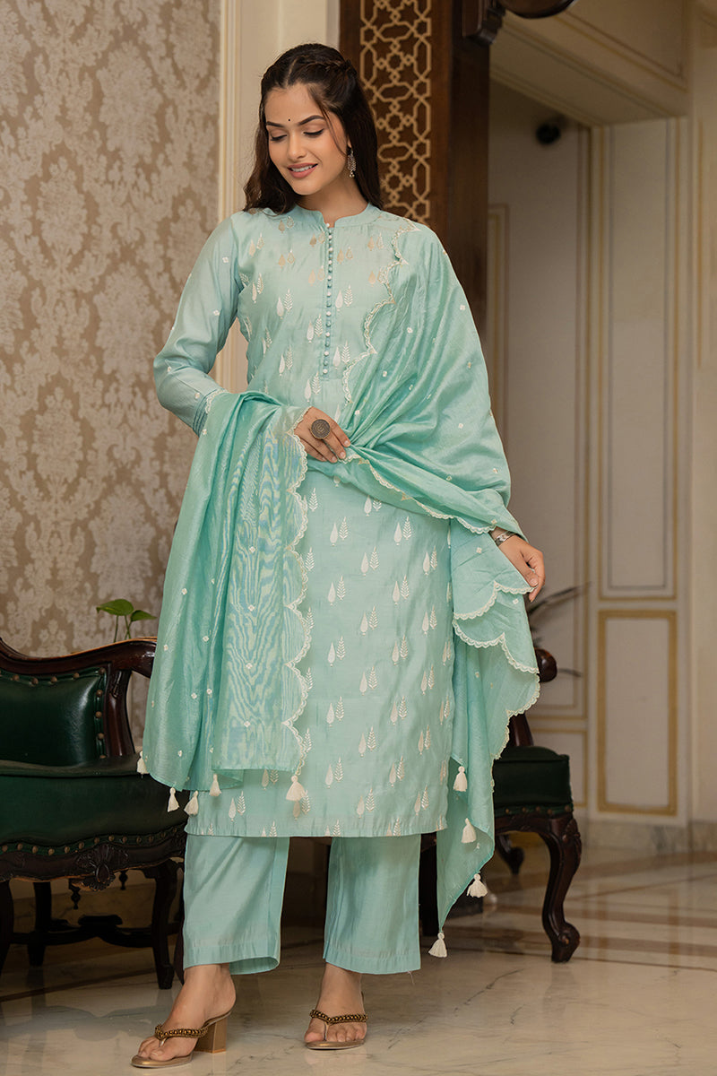 Sea Green Silk Blend Solid Embroidered Straight Suit Set With Trouser Bottom PKSKD2686