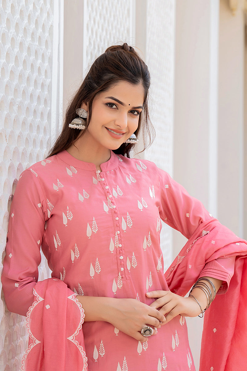 Pink Silk Blend Solid Embroidered Straight Suit Set With Trouser Bottom PKSKD2687