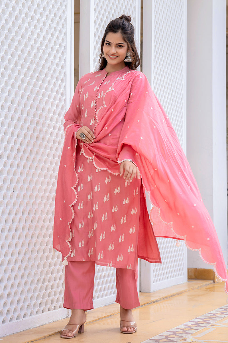 Pink Silk Blend Solid Embroidered Straight Suit Set With Trouser Bottom PKSKD2687