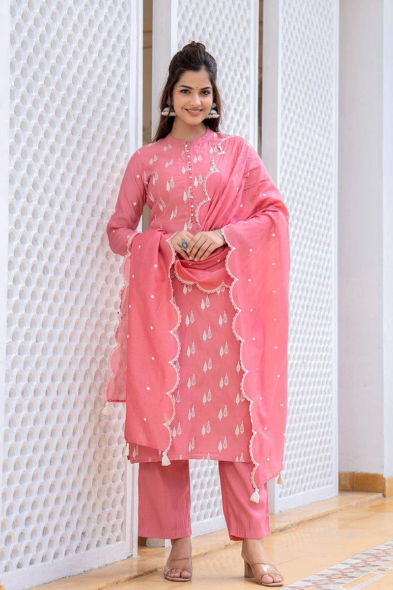 Pink Silk Blend Solid Embroidered Straight Suit Set With Trouser Bottom PKSKD2687