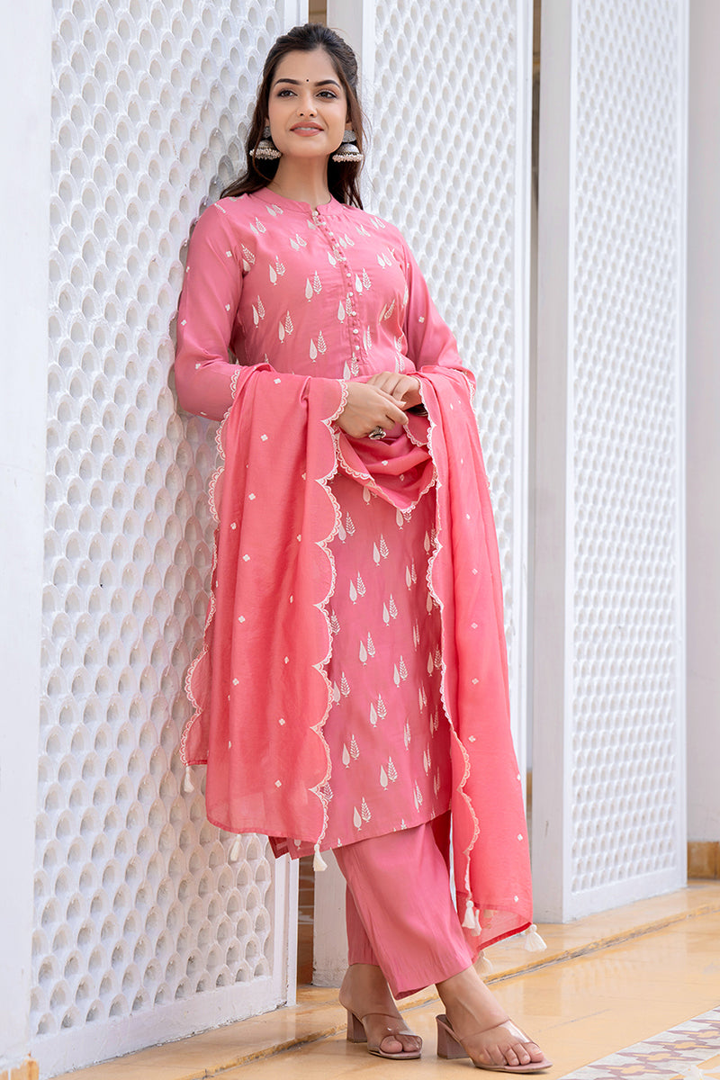 Pink Silk Blend Solid Embroidered Straight Suit Set With Trouser Bottom PKSKD2687