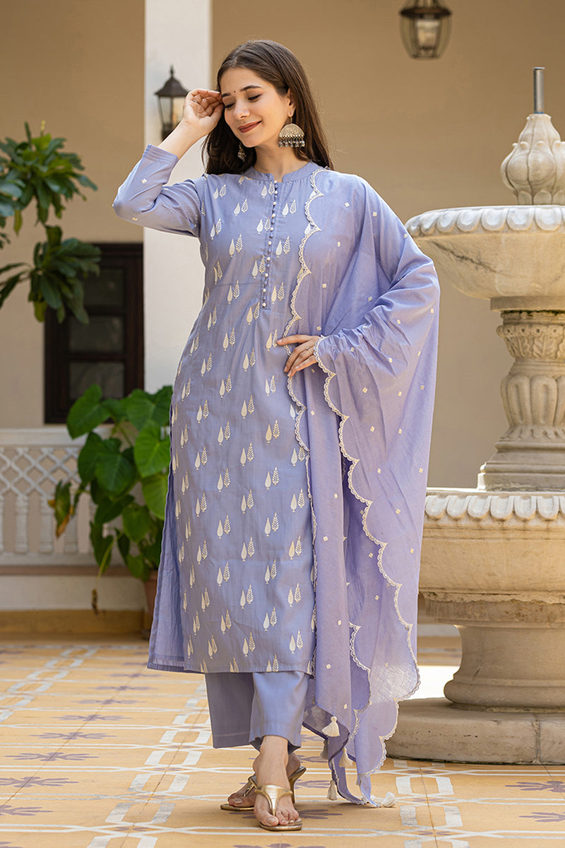 Blue Silk Blend Solid Embroidered Straight Suit Set With Trouser Bottom PKSKD2688