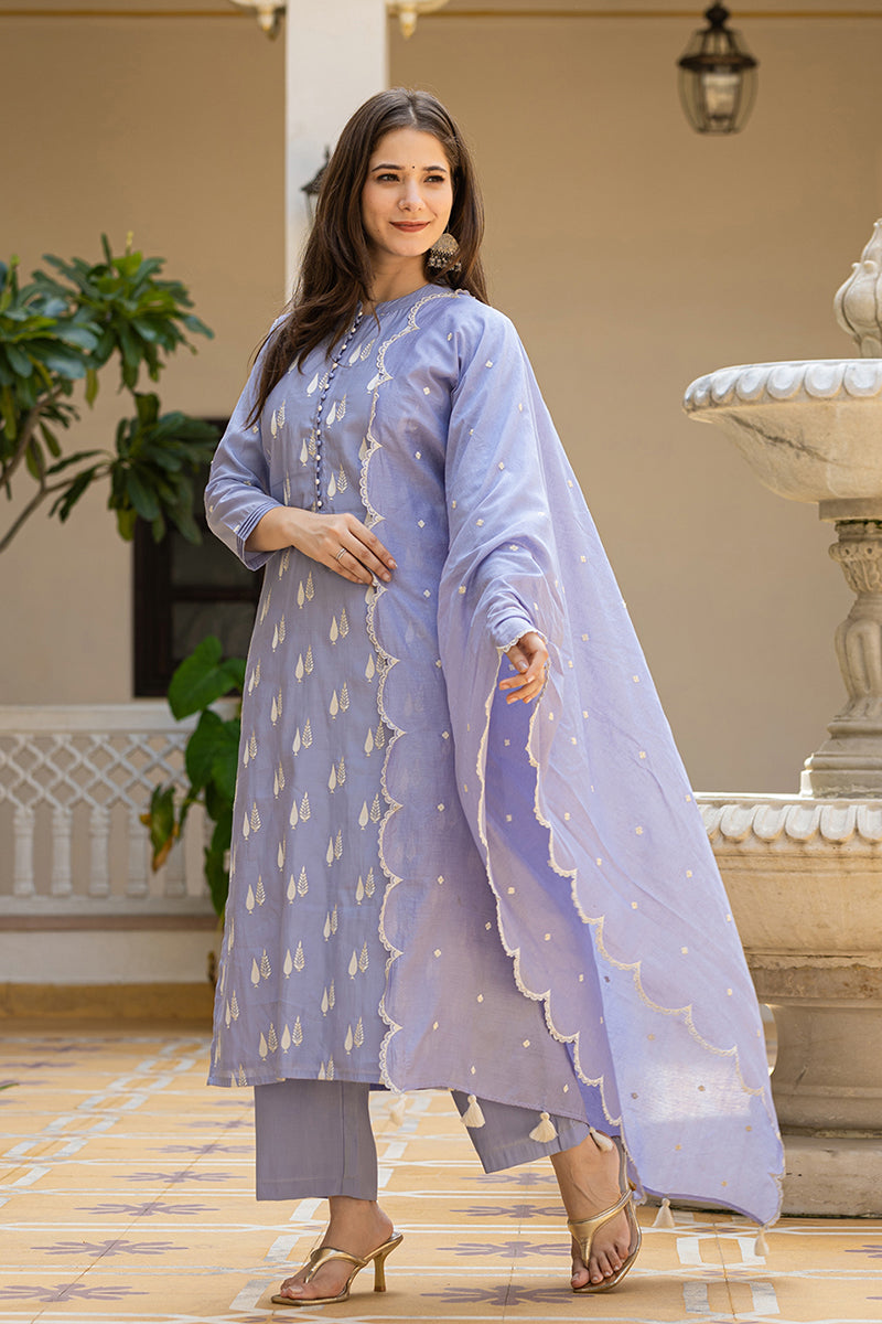 Blue Silk Blend Solid Embroidered Straight Suit Set With Trouser Bottom PKSKD2688