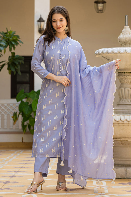 Blue Silk Blend Solid Embroidered Straight Suit Set With Trouser Bottom PKSKD2688