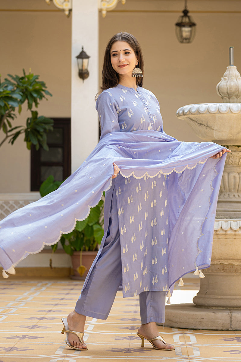 Blue Silk Blend Solid Embroidered Straight Suit Set With Trouser Bottom PKSKD2688