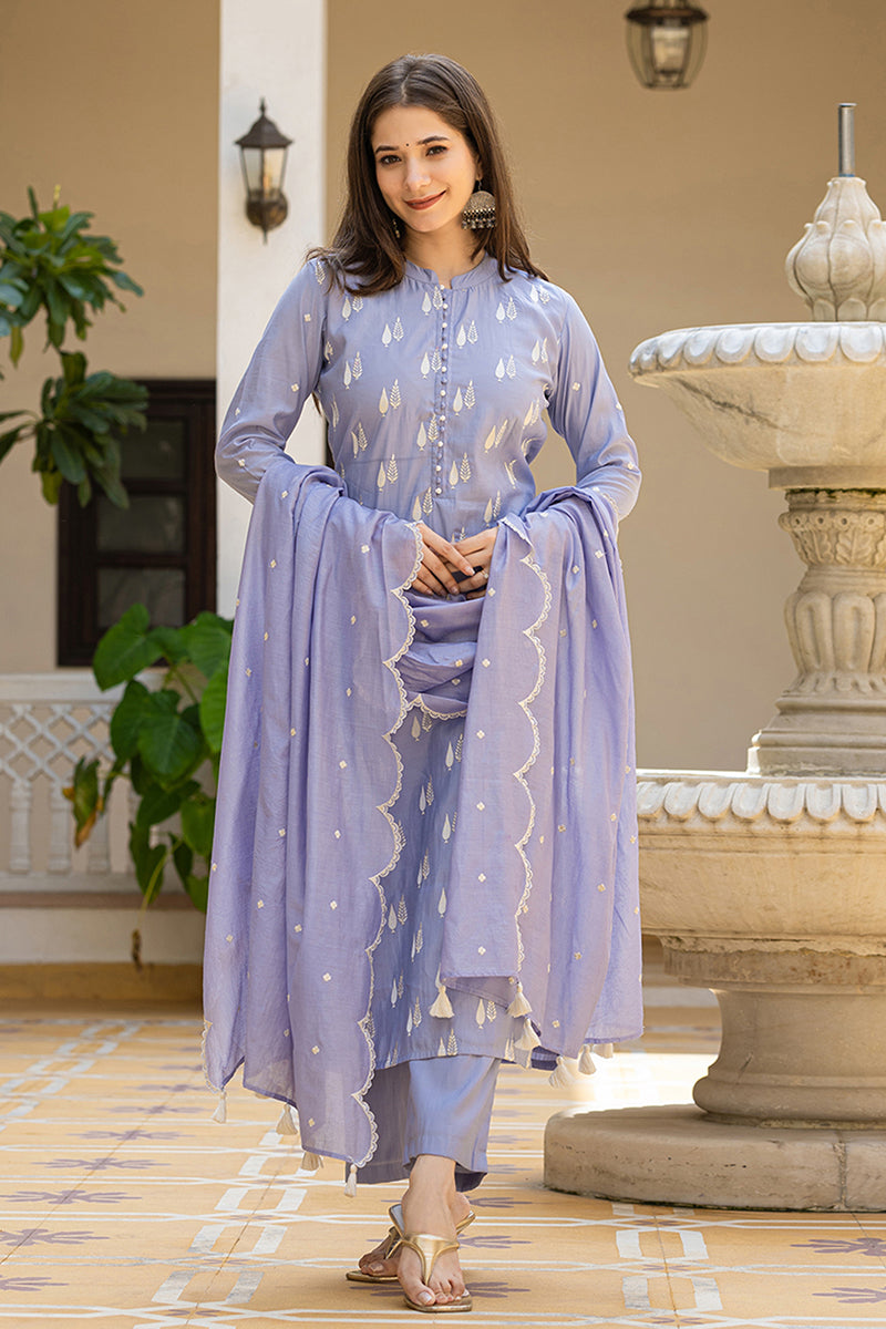 Blue Silk Blend Solid Embroidered Straight Suit Set With Trouser Bottom PKSKD2688