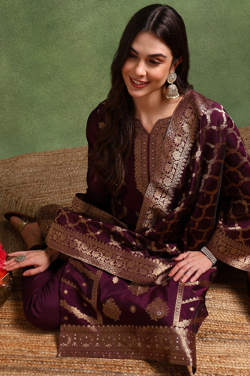 Dark Wine Chanderi Silk Woven Design Straight Trouser Suit Set PKSKD2694