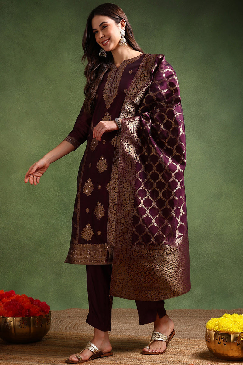 Dark Wine Chanderi Silk Woven Design Straight Trouser Suit Set PKSKD2694