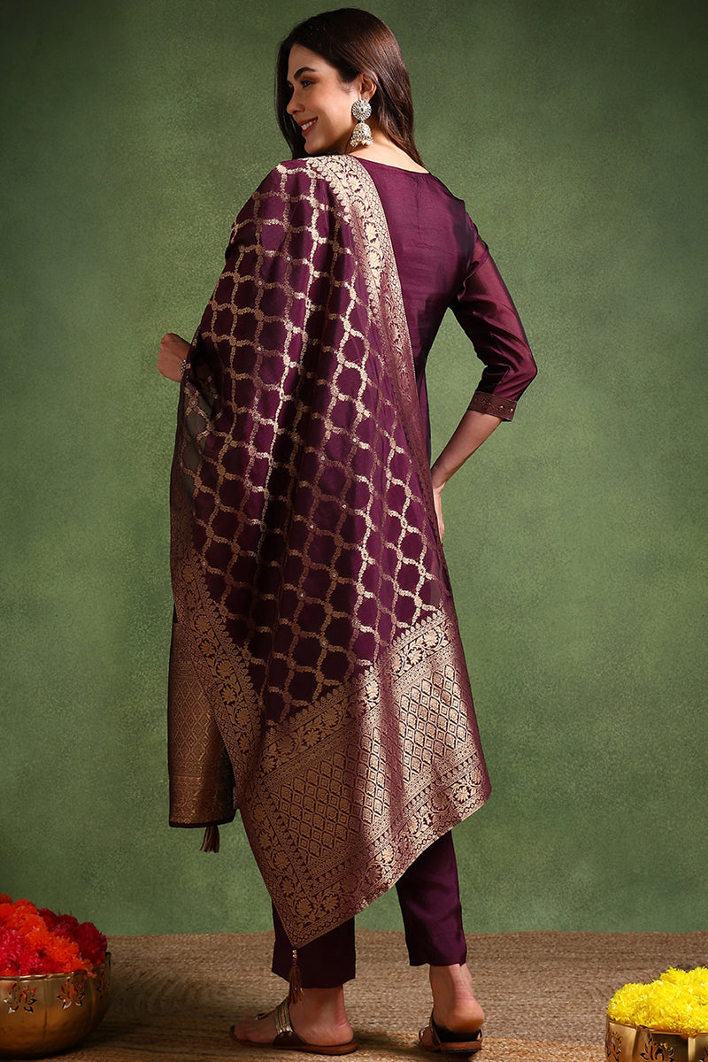 Dark Wine Chanderi Silk Woven Design Straight Trouser Suit Set PKSKD2694