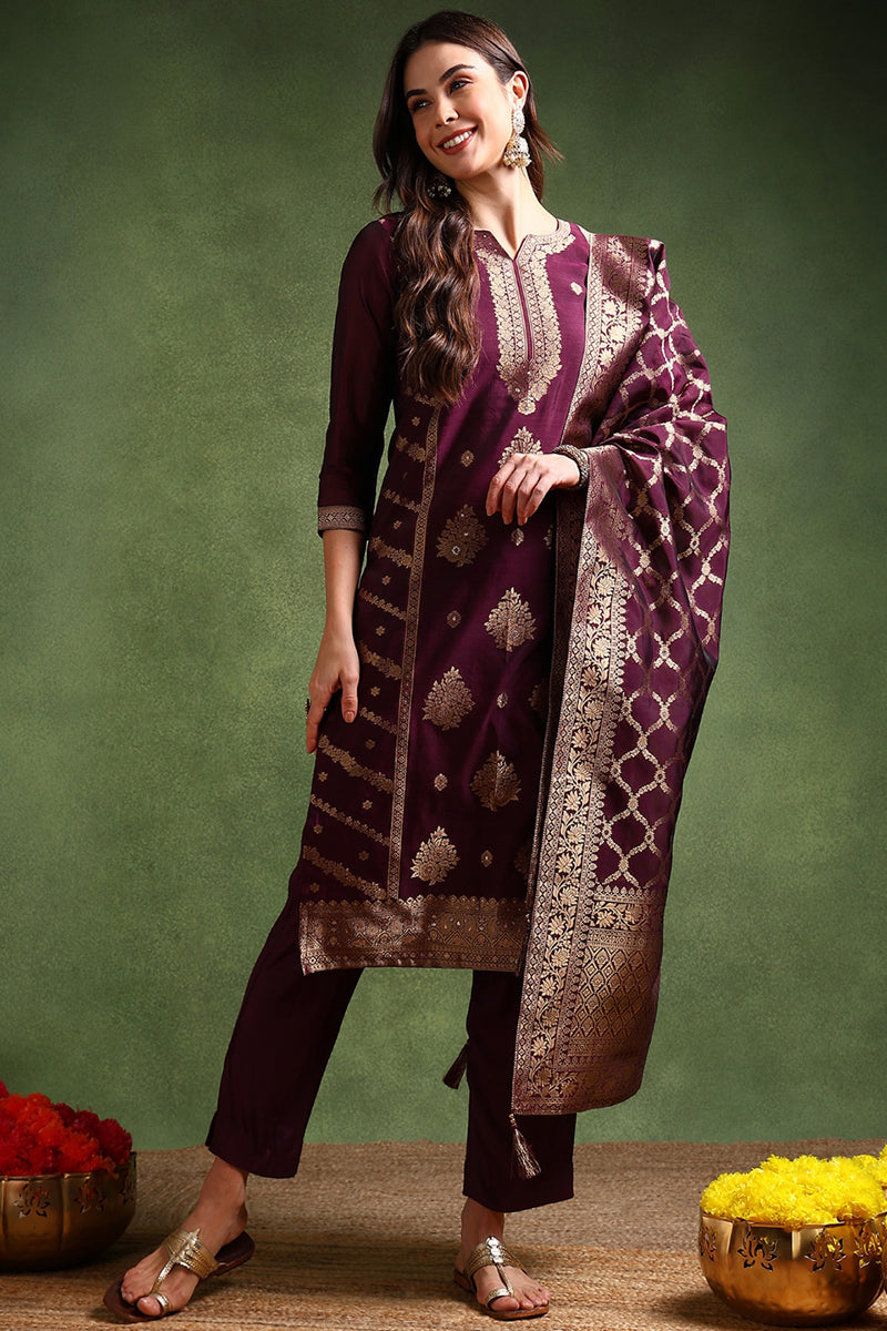 Dark Wine Chanderi Silk Woven Design Straight Trouser Suit Set PKSKD2694