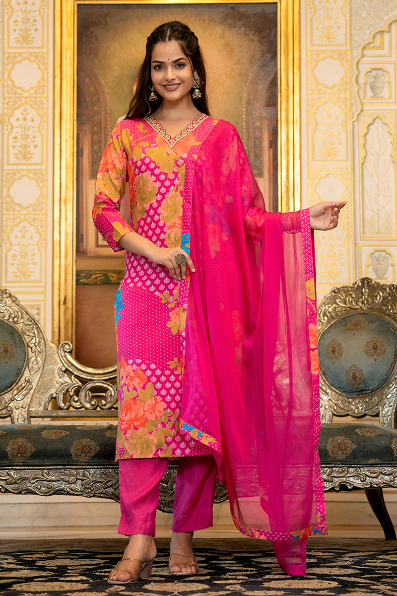 Pink Silk Blend Floral Printed Straight Suit Set With Trouser Bottom PKSKD2703